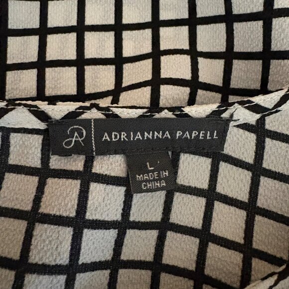 Adrianna Papell Blouse Womens Size Large Black White Windowpane Puff Sleeve Top - Picture 6 of 9